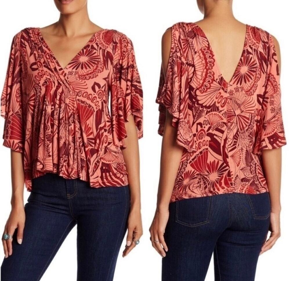 Free People Amour Coral Print Tribal Top XS Surplice Split Sleeve